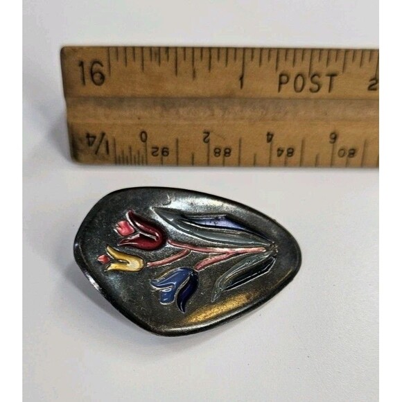 Vintage Sterling Silver Enamel Tulip Flowers Made In Israel Brooch Pin Pendant - Picture 9 of 13